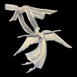 Birthstone Pewter Angel BROOCH PIN Ornament 3" Pendant February Amethyst Crystal